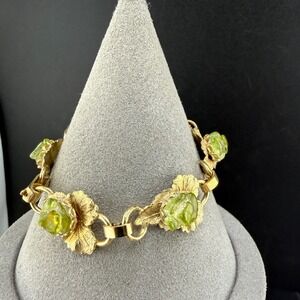 Vintage Bracelet Gold Green Glass Rose Leaf Link 6.5"